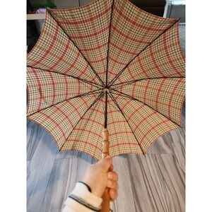 Vintage Cotton Sun Umbrella Bamboo Handle Plaid Manual Open‎